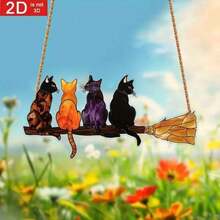 Whimsical Cat With Broom Suncatcher - Colorful Hanging Ornament For Garden Window Wall Decor, No Installation Needed