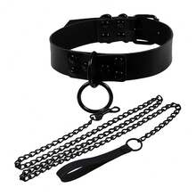 Adjustable Goth Style Exaggerated Leash Collar Necklace Accessory Set - Black - View 8
