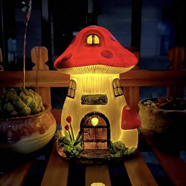 1 Peça Estátua Decorativa de Casa de Cogumelo de Boas-Vindas, Luz Noturna Solar de Casa de Cogumelo com 20cm de Altura, Decoração de Jardim Externo, Presente para Amigos e Família, Escultura Artesanal em Resina
