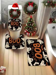 1 Set Ghost Halloween Print Shower Curtain - 1/4 Piece Shower Curtain Set With 12 Hooks - Waterproof, Non-Slip Bath Mat, Toilet Seat Cover And U-Shaped Carpet Bathroom Shower Curtain Set - Machine Washable Cartoon Bathroom Decor Curtain Set, This Is A Set Of Christmas Decorative Bathroom Supplies Suitable For All Seasons, And Is The Perfect Christmas And Halloween Gift Series For Friends And Family - Multicolor - View 5