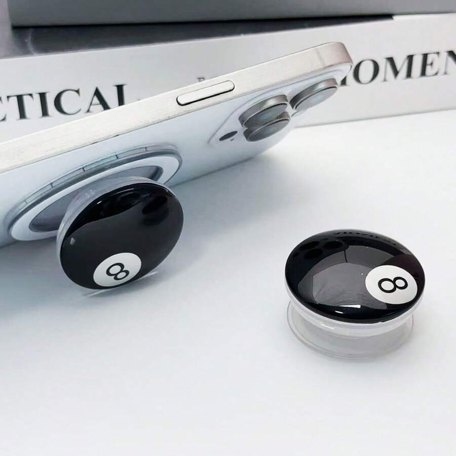 创意树脂手机支架，台球造型，黑色，8字形，公主扇形戒指托，个性化桌面支架 - 彩色 - 查看 1