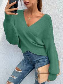 Women's Sexy Sweater V Neck Off Shoulder Long Sleeve Cross Wrapped Front Knit Sweater Fall Autumn Winter Street Party Club Night Out Valentine Top Outfits - 軍綠色 - 查看 1