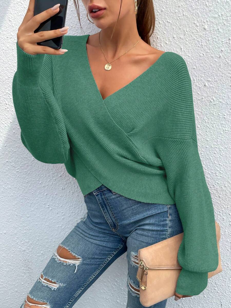 Women's Sexy Sweater V Neck Off Shoulder Long Sleeve Cross Wrapped Front Knit Sweater Fall Autumn Winter Street Party Club Night Out Valentine Top Outfits - 軍綠色 - 查看 1