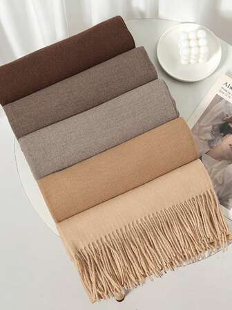 צעיף צמר דמוי צבע אחיד קלאסי לנשים, אופנתי יוקרתי רב-תכליתי חם דקורטיבי אלגנטי בסגנון עסקי, צעיף בסגנון סתיו/חורף לשמלה