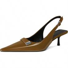 Women's Pointed Toe Slingback Heels Metal Buckle Ankle Strap Kitten Low Heel Pumps 2 Inch Stylish Retro Women Shoes-20256688 - 漆皮棕色 - 查看 1