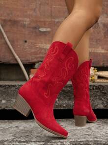 Women's Fashion Versatile Solid Color Embroidered Wedge Slip-On Stylish Boots - Red - View 4