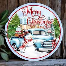 Vintage Blue Truck Snowman Wreath Sign - Multipurpose Metal Wall Decor, Suitable For Home, Kitchen, Garage, Dining Room - Christmas Decoration - Multicolor - View 5
