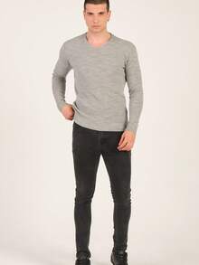 Men's V-Neck Jacquard Sweater Regular Fit - Grey - View 3