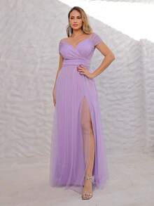 Elegant Off-The-Shoulder Long Dress Without Shine - 紫丁香色 - 查看 2