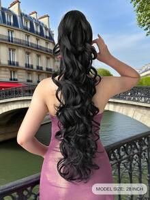 32英寸长款波浪卷马尾假发，合成耐热爪式卷曲波浪马尾假发，女士适用 - 黑色 - 查看 3