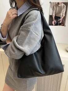 Women's Solid Color PU Leather Fashion Large Capacity Shoulder Bag For Daily Use - Black - View 6