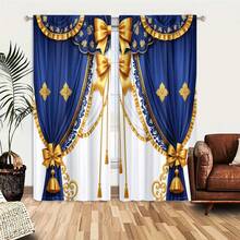 2pcs Window Curtains, Ornate Blue Curtains Adorned With Golden Bows, Tassels, And Intricate Patterns Create A Regal And Luxurious Display Against A White Background.Window Drapes For Bedroom Living Room, Rod Pocket Window Treatment