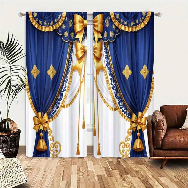 2pcs Window Curtains, Ornate Blue Curtains Adorned With Golden Bows, Tassels, And Intricate Patterns Create A Regal And Luxurious Display Against A White Background.Window Drapes For Bedroom Living Room, Rod Pocket Window Treatment