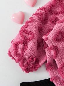 2pcs Girls Casual Outfit, Pink Heart Pattern Fluffy Half-Zip Sweater Top Paired With Black Bell-Bottom Pants, Suitable For Daily Wear