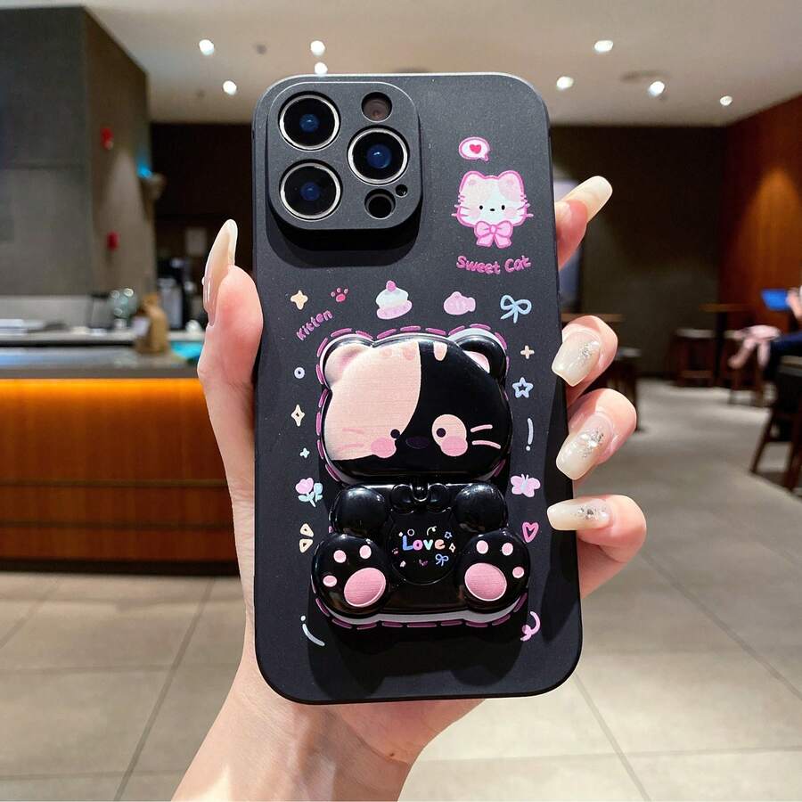 Cat Motif Kitten Silicone Stand 1pc Solid Color Liquid Silicone Phone Case, Compatible With Samsung, Compatible With Apple 11/12/13/14/15/16 Pro Max, Compatible With Samsung S22/23/24/S25+ UA04/A05/A14/A15/A24/A25/A34/A54 SA56/A36/A26, Compatible With OPPO, Compatible With VIVO, Compatible With Honor 400/X67899876abc, Compatible With Redmi Note 14/13/12,International Version, Not The Domestic Version Birthday Gift - Black - View 1