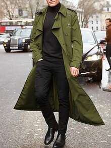 Men's  Daily Fashionable Casual Mid-Length Trench Coat, Street Style, Autumn/Winter, For Friends, Husband, Boyfriend Gifts - Army Green - View 3