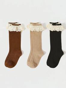 3双女童简约花卉装饰纯色及膝袜，甜美可爱，适合日常穿着 - 彩色 - 查看 11