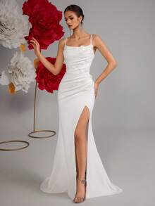 ADYCE High Waist Spaghetti Strap Long Prom Dress 3D Floral High Slit Backless Formal Gown Dress For Party, Prom, Banquet, Homecoming And Graduation - White - View 3