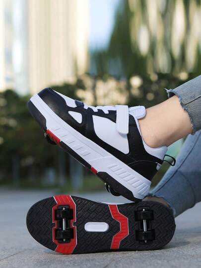 1 par de zapatos de skate de estilo adolescente de caña baja mejorados, con estabilidad reforzada, parte superior de cuero suave, forro cómodo, cierre de gancho y bucle ajustable, fácil de poner y quitar, ruedas extraíbles, adecuados para patinaje sobre ruedas en interiores y exteriores