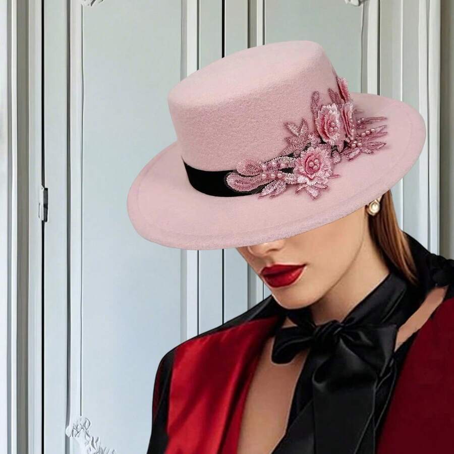 Womens Fedora Hat Stylish Elegant Decorative Flower Panama Hat Wide Flat Brim Jazz Cap - 粉色 - 查看 1