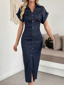 女式优雅褶皱单排扣纯色短袖领直筒连衣裙，梭织面料，夏季 - 藍色 - 查看 6