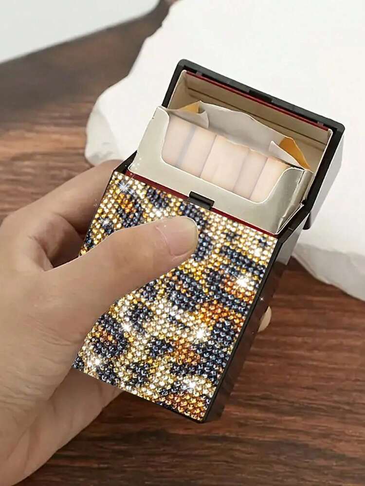 豹纹钻石便携式香烟盒，多功能收纳盒，三种颜色可选，时尚外观，Y2K风格，潮流达人必备，防压防水，小巧轻便，适合旅行携带，有效防潮，是圣诞节、生日和新年送给父亲和伴侣的理想礼物。 - 彩色 - 查看 2
