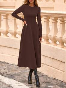 Cocktail Dresses For Women  Elegant Classy Fall Long Sleeve Midi Swing A Line Flowy Modest Party Dress - 棕色 - 查看 4