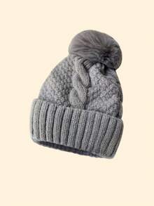 1 件针织帽女童男童厚羊毛帽儿童保暖柔软帽小孩可爱绒球针织帽适合冬季户外使用