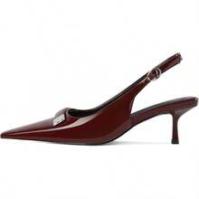Women's Pointed Toe Slingback Heels Metal Buckle Ankle Strap Kitten Low Heel Pumps 2 Inch Stylish Retro Women Shoes-20256688 - Burgundy bằng sáng chế - Xem 8
