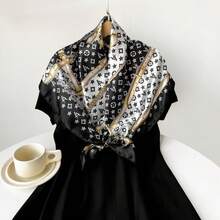 Large Square Scarves, Silk Scarves, Women's Headscarves Printed Scarves Satin, Printed Square Scarves, Silk Scarves, Smooth Fabrics, Headscarves, Binding Bags, Decorative Silk Scarves And Scarves For Daily Use - D9424-Đen - Xem 3