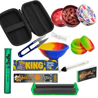 Kit Case Dichavador Moedor Metal Moco Tesoura Seda Piteira Papel Piteira Vidro Bolador Slick Cuia Silicone