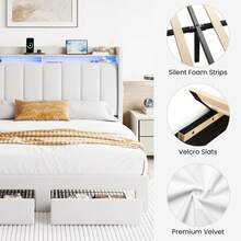 SHA CERLIN Full/Queen/King Size Platform Bed Frame With Vertical Channel Tufted Wingback Headboard, 2 Storage Drawers, 2-Tier Shelves With LED Lights, Charging Station, Noise Free, No Box Spring Needed, White - Xem 8
