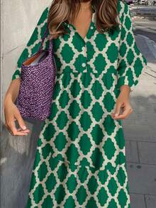 Áo sơ mi dài tay cổ tròn màu xanh lá cây họa tiết hình học cho nữ - xanh quân đội - Xem 5