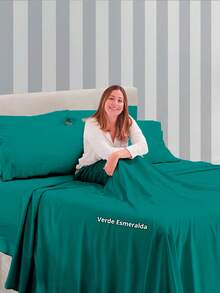 Double Sheet + 1 Pair Of Pillowcases 400 Thread Count Percal Flex - 3 PCS - Verde esmeralda - Ver 4
