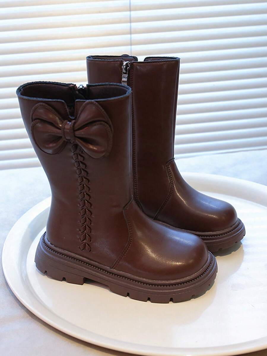 1 Pair Kids/Teens Western Style PU Leather Bow Decor Mid-Calf Boots, Classic Black, Retro Solid Brown, Casual Chelsea Boots, Comfortable Plush Lining, Thick Sole, Suitable For 3-14 Years Old Girls Daily, Parties, Holidays, Autumn/Winter - Brown - View 1