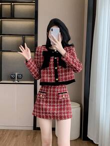 RUIWY 女款秋季慶典紅格紋時尚優雅蝴蝶結修身保暖加厚夾克與裙子兩件套 - 紅色 - 查看 7
