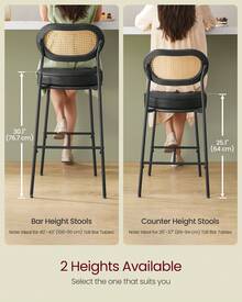 VASAGLE Bar Stools Set Of 2, Bar Height Stools With Rattan Back And Metal Legs, 25.1-Inch Tall Counter Chairs, Modern Leather Upholstered Barstools For Kitchen Island Dining Room - 黑色 - 查看 2