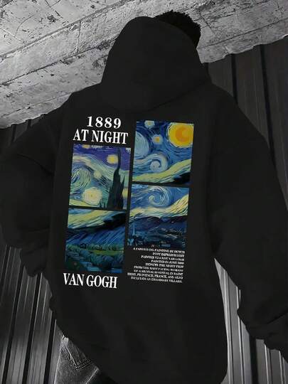 Sudadera con capucha para hombres inspirada en La noche estrellada de Van Gogh 1889 - Suéter casual acogedor con cordón y bolsillo canguro, cómoda para actividades al aire libre en primavera y otoño, ropa de otoño |   Diseño de noche estrellada |   Ajuste Cómodo, Sudadera con Capucha