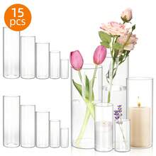 Tomnk 15/30/45 Pcs Clear Glass Cylinder Vases Set, 5 Sizes Tall Hurricane Candle Holders, Floating Candle Vase For Wedding Centerpieces, Party, Home Table Shelf Decor, Glass Flower Vase For Farmhouse, Church, Dinner Party, Floating Candles, Mother's Day Decor, Ideal Mother's Day Gift - 無色 - 查看 11