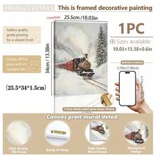 1 szt., płótno ścienne, dekoracje świąteczne, oprawione ozdoby świąteczne, śnieżny zimowy krajobraz, Święty Mikołaj, wystrój świąteczny w stylu rustykalnym, wystrój bożonarodzeniowy w stylu vintage, bałwan, choinka, pociąg świąteczny, dekoracja pokoju bożonarodzeniowego, wystrój salonu