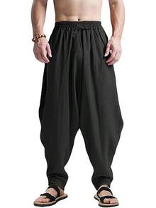Men's Cotton Harem Pants Casual Loose Hippie Drop Crotch Trouser-20256688 - 黑色 - 查看 1