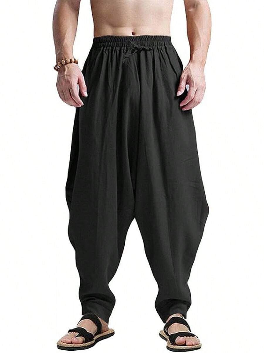 Men's Cotton Harem Pants Casual Loose Hippie Drop Crotch Trouser-20256688 - 黑色 - 查看 1