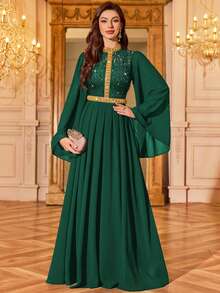MIUSOL Vestido de noche formal de manga larga con cuello alto, volantes y contraste de color de encaje con lentejuelas y gasa - Verde Oscuro - Ver 6