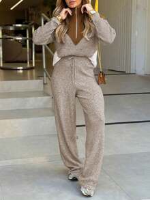 Women's Turtleneck Color Block Zip-Up Loose Casual Sweater And Drawstring Waist Wide Leg Knit Pants Set