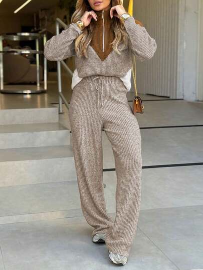 Women's Turtleneck Color Block Zip-Up Loose Casual Sweater And Drawstring Waist Wide Leg Knit Pants Set
