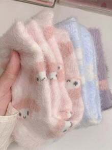 SANRIO 3 Pairs Cute Kuromi Plush Socks For Women, Thermal Lined, Warm Ankle Socks For Home, Suitable For Autumn/Winter - Multicolor - View 1