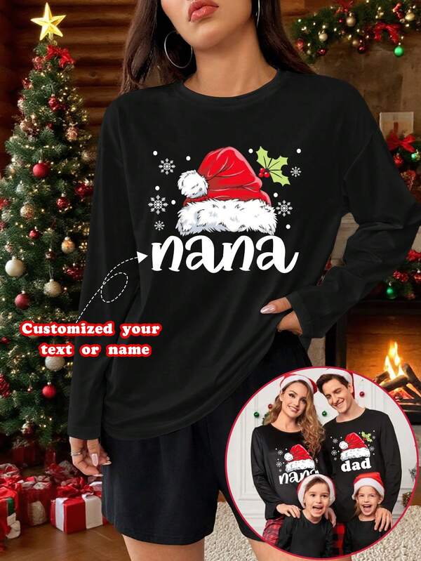 Christmas Elements Graphic Customized Long Sleeve T-Shirt, Christmas Autumn Black Round Neck Long Sleeve Tops For Men And Women, Customizable Text Images Graphic Tees, Fall & Winter