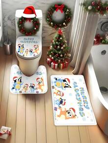 [Christmas Bluey Shower Curtain Window Curtain Set] 1/3/4pcs Christmas Solid Color Santa Hat Bluey Family And Friends Holiday Pattern Printed Shower Curtain Set, Modern Design, Suitable For All Seasons, Waterproof Polyester Hooks And Lining, Flannel Material, Soft Surface, Absorbent Anti-Slip Bathroom Mat, Bathroom Set Includes U-Shaped Mat, Toilet Mat, Anti-Slip Bathroom Mat And Bathroom Accessories, Home Decor, Holiday Decor, Christmas Gift, Daily Decor, Gift Giving