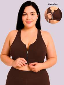 Wolfox Plus Size Fitness Tops With Zipper And Removable Pad For Gym - 鏽棕色 - 查看 4