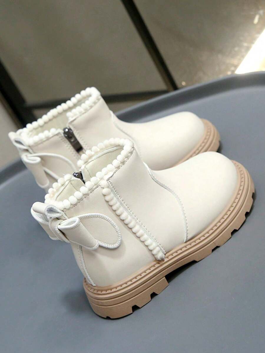 1 Pair Girls' Cute Bow Design Soft Leather Side Zipper Ankle Boots, Comfortable Children Ankle Boots - Beige - View 1